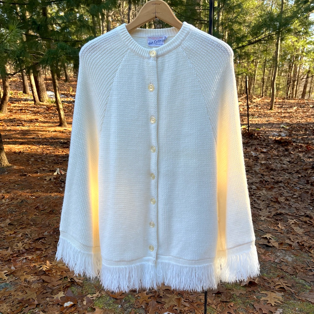 60s Kate Collins Acrylic Knit Fringe Button-Up Poncho